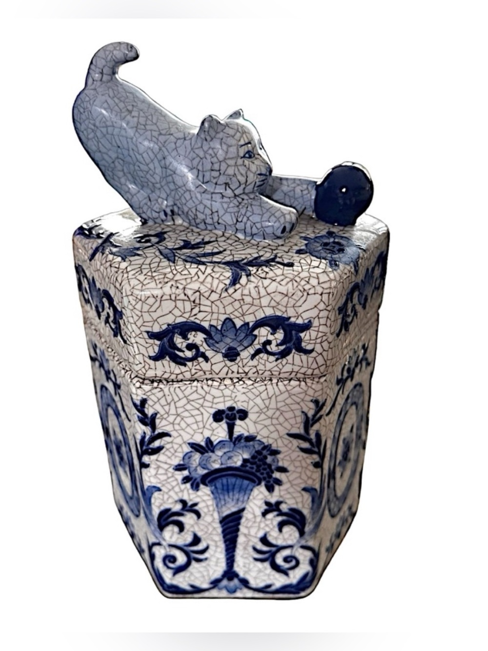 Vintage Chinese Hexagonal Porcelain Ginger Jar Lid Blue White Cat Hand Painted